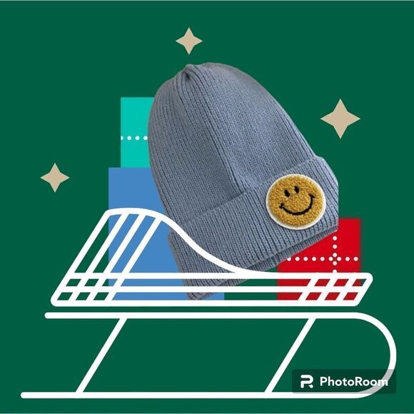 Knit ribbed smiley face hat beanie, blue - Picture 2 of 6